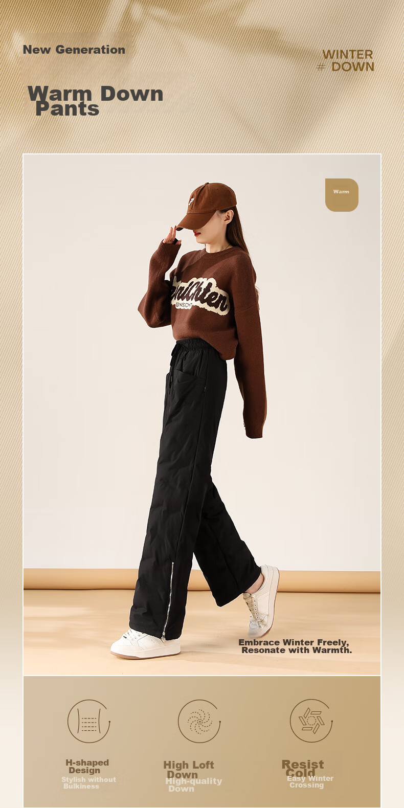 SNOWFLYING Women's down Pants, Autumn And Winter Warm Thickened, Fashionable Wide-Leg Straight Trousers for Outer Wear, Black, Size 160/S 1