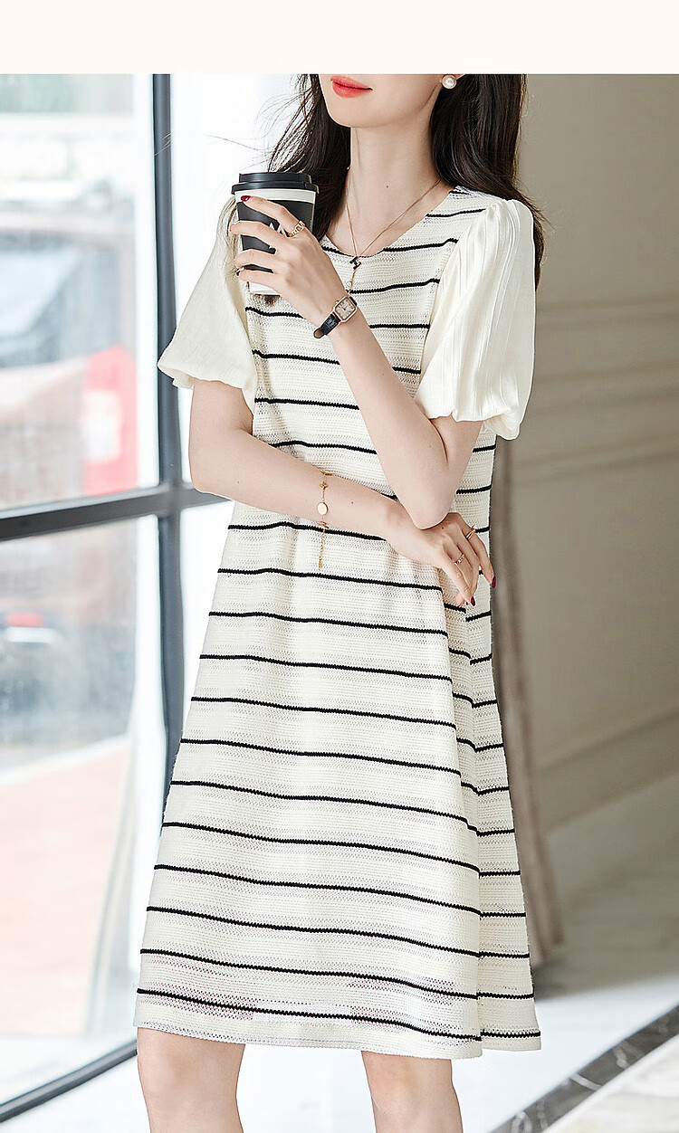Dme [Atmospheric And Elegant Female Lead] Summer Round Neck Puff Sleeve Single-Button A-Line Dress Striped Patchwork Dress for Wome 21