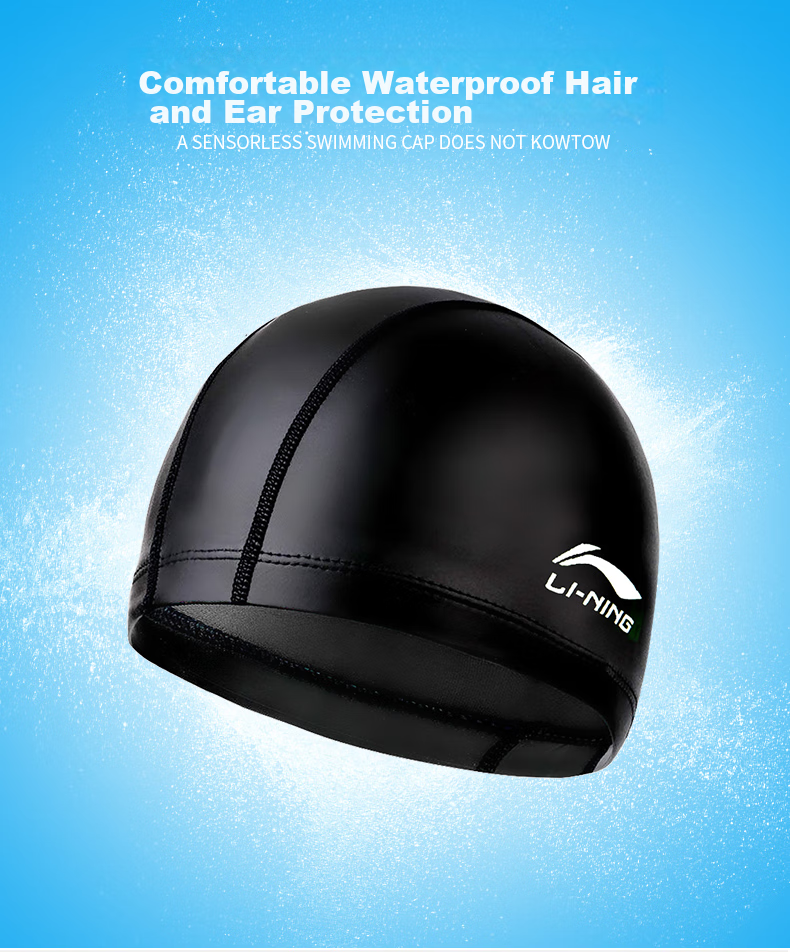 Li-Ning Swimming Cap for Men And Women, PU Coated Long Hair Waterproof Swim Cap, Ear Protection Comfortable Non-Binding LNMT856/LNMT858-1 Black 3