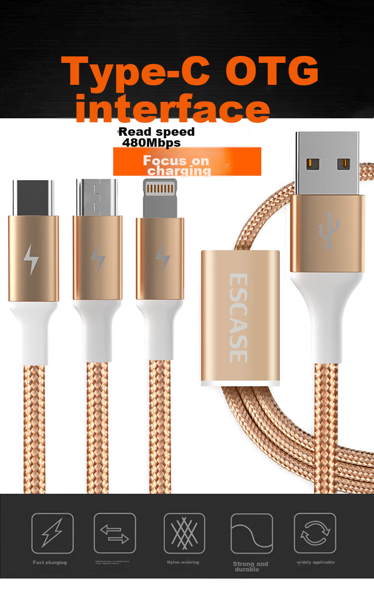 ESCASE Data Cable Three-In Type-C Apple 13 Android Phone Car Charger Cable, Fast Charging Compatible with Xiaomi, Multi-Functional Storage, 1.5 Meters, C12pro Black 3