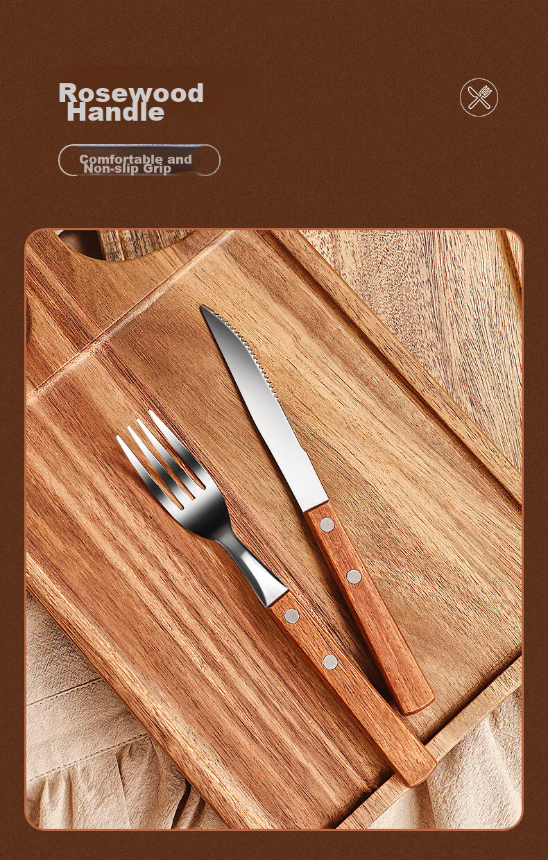 CRISTALGLASS 304 Stainless Steel Steak Knife And Fork Set, Rosewood Handle Thickened Cutlery Set for Western Cuisine 3