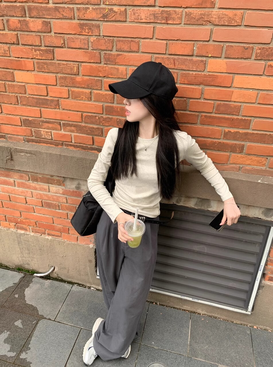 NOMe Long-Sleeve T-Shirt for Women, New Early Autumn Style, Slim-Fit Ribbed Inner Layer, Korean-Style Regular Shoulder Top, White, Size S 9