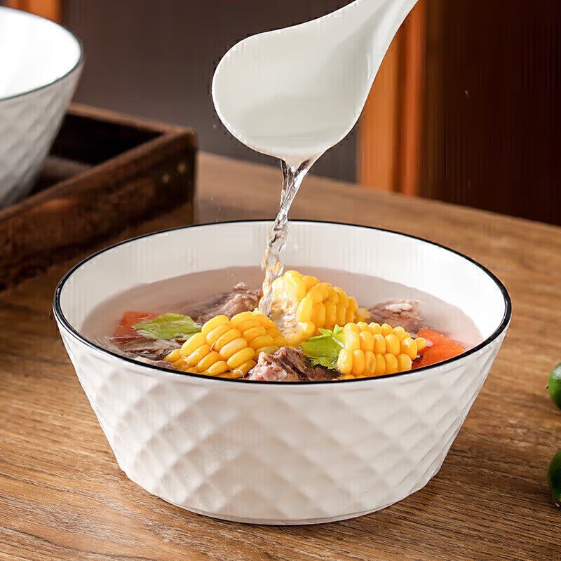 Jieyajie Ceramic Soup Bowl, Large Size for Home Use, White Porcelain, Large Noodle Bowl, Chinese-Style Underglaze Color, 8-Inch, Large Capacity, Salad Bowl