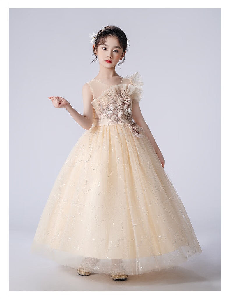 LUOBOBEIBEI Girls' Dress Princess Flower Girl Wedding Dress Piano New Year Dress Yellow Dress Size 130 17