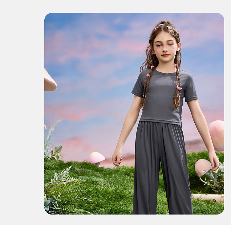 ASK JUNIOR Girls' Summer Sportswear Set: Thin Short T-Shirt + Wide-Leg Long Pants Two-Piece Set, Gray, Size 170 5