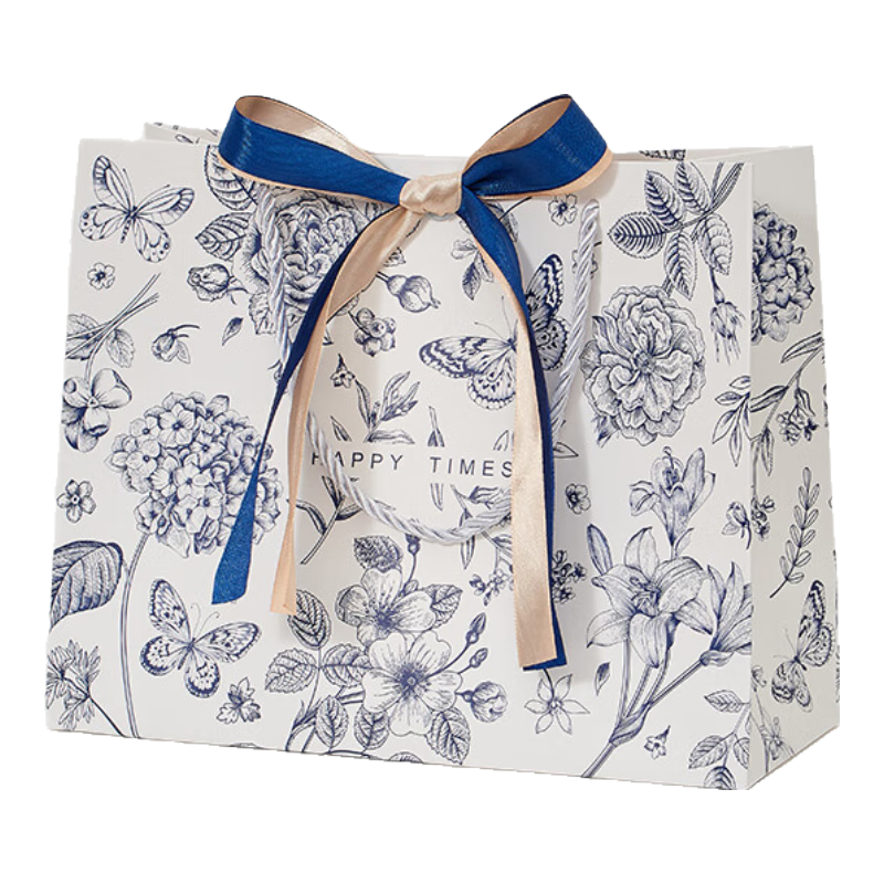 Ouliwen Gift Bags, Handbags, Paper Bags with Rope Handles, Portable Thickened Paper Silk Handles, 25x20x12cm, Pack of 5, Floral Blue with Text, Suitable for Wedding Favors And Birthday Gifts