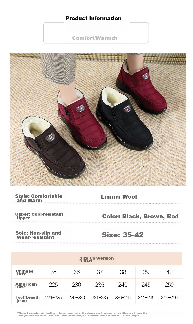 Ankang Winter Pure Wool Women's Cotton Shoes, Traditional Beijing Cloth Shoes, Warm Waterproof Boots for Elderly Mothers, 78990, Red, Size 36 4