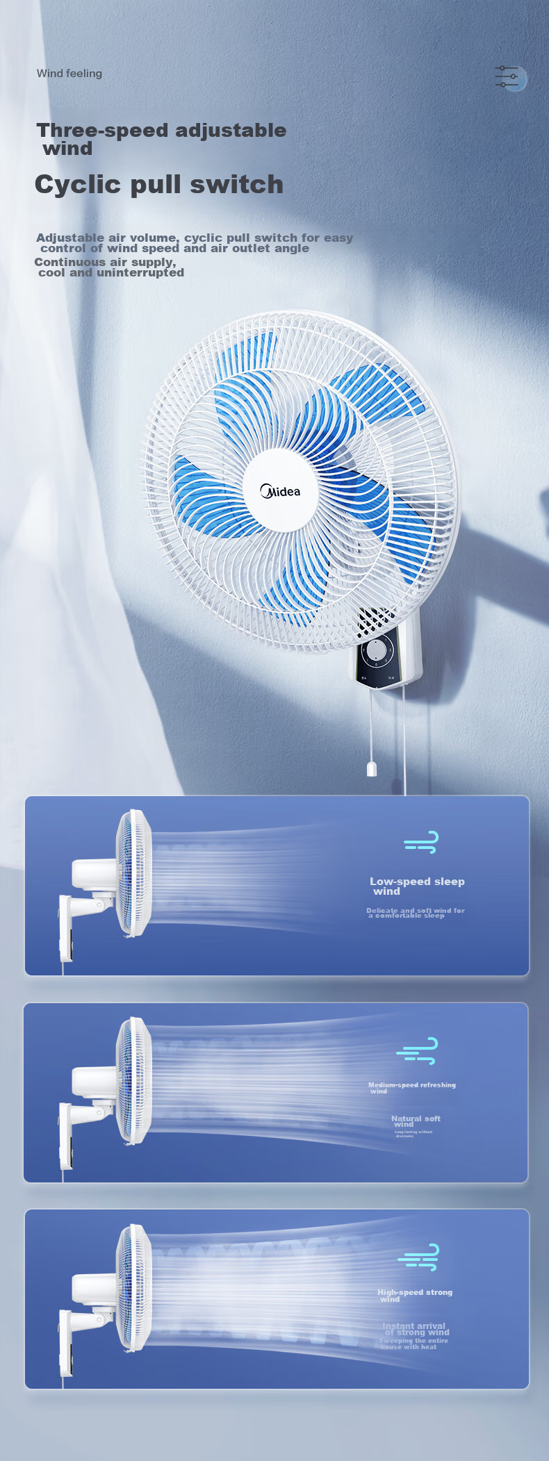 Midea Wall Fan, 16-Inch Wall-Mounted Electric Fan, Quiet Operation, Dormitory Use, Oscillating Commercial Wall Fan, Canteen High-Power Industrial Wall Fan, Oscillating Bull Horn Fan FWA40UA 10