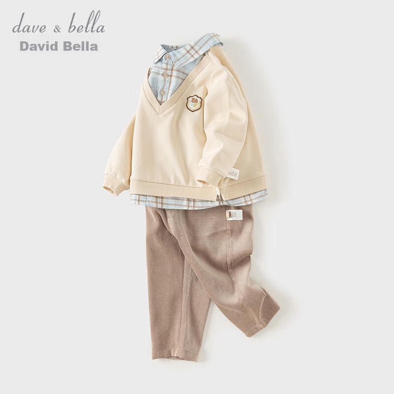 DAVE & BELLA Boys' Long Pants Set, Spring And Autumn Wear, Gentleman Preppy Style, Fake Two-Piece Shirt Set