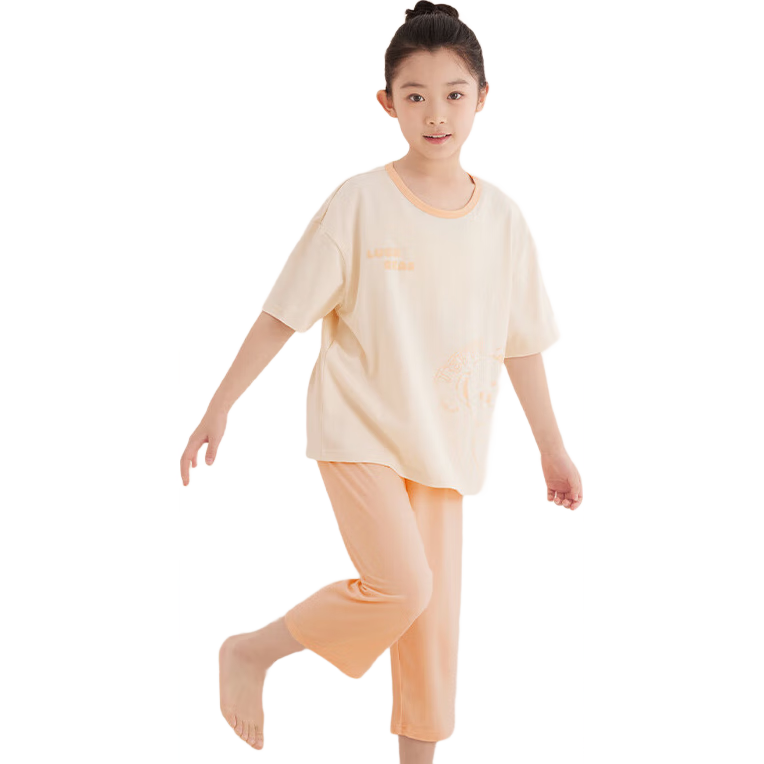 Hodo Children's Pajamas, Boys And Girls Summer Thin Pure Cotton Short-Sleeve Home Wear Set, Air Conditioning Clothes J3302 Orange Pink 150