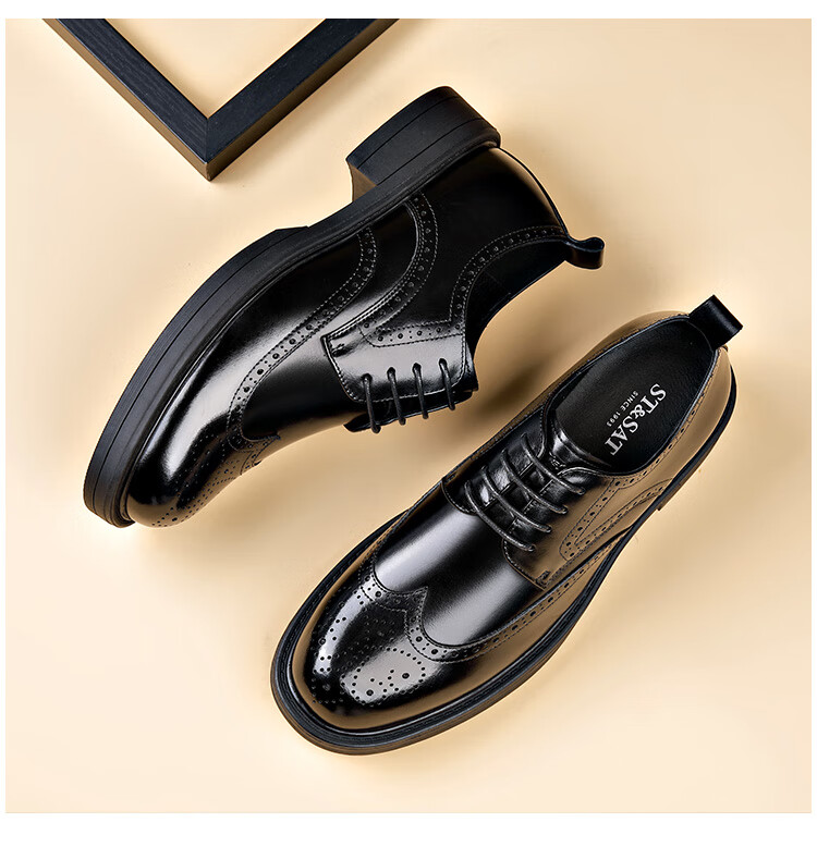 St&Sat Men's Shoes, Top-Layer Cowhide Business Formal Leather Shoes, British Style Men's Brogue Casual Leather Shoes, Black, Size 42 6