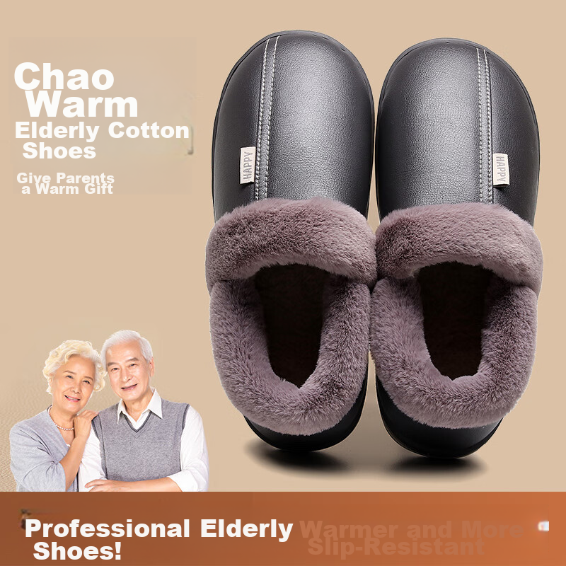 GUOLUOFEI Cotton Slippers with Heel for Men And Women, Home Indoor Non-Slip Waterproof Warm Cotton Shoes for Elderly, Leather Pink Heel, Size 40-41