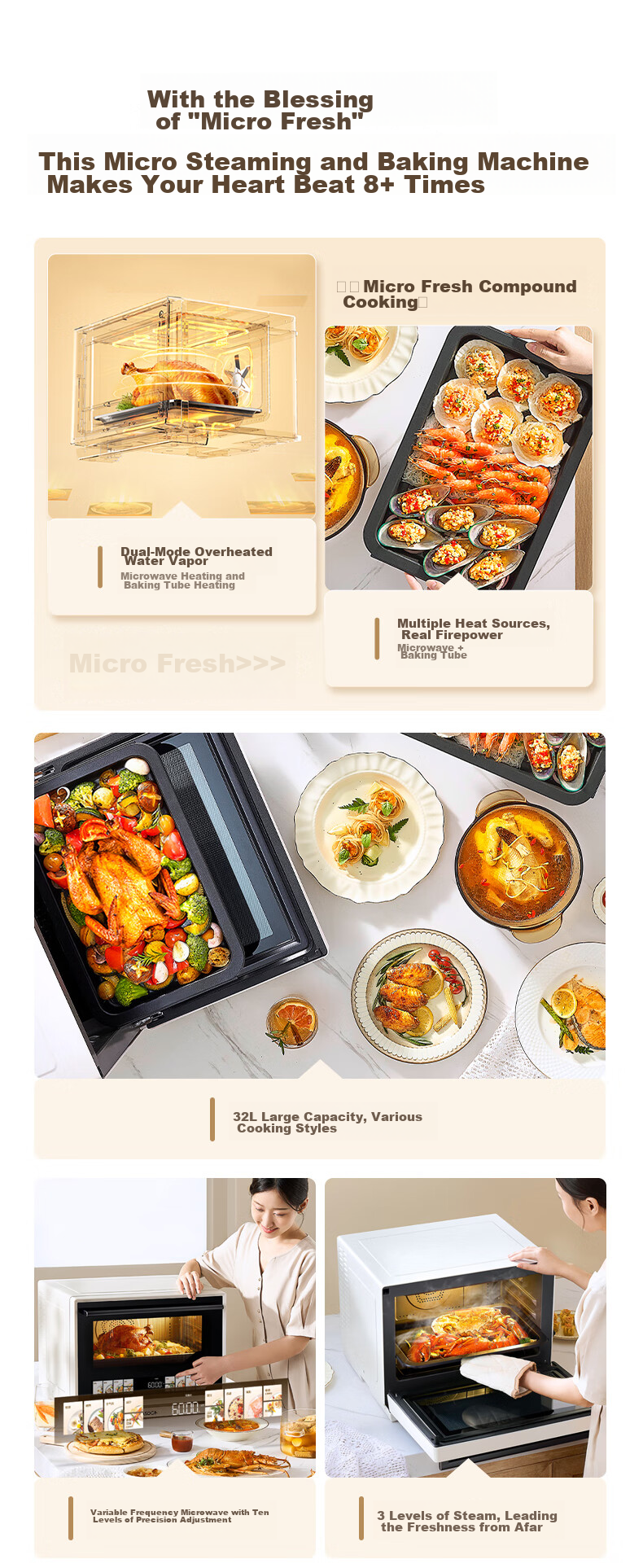 CASDON Microwave Oven Combo Steamer, Baked, Microwave, Steamed And Fried All-In Machine, 32L Large Capacity Ceramic Inner Pot with Membrane, High Definition Color Screen Touch Control B8 5