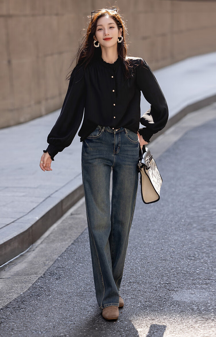 Dme [Ruched Shiny Blouse] Spring And Autumn French Style Women's Elegant Ruffle Stand Collar Pleated Blouse Women's Top 29