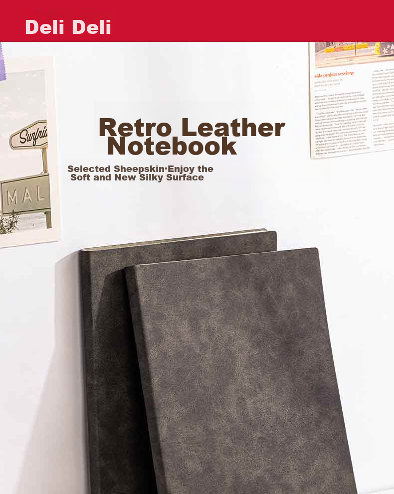 Deli Customizable Fashion Leather Notebook, Business Notepad, Sheepskin Journal, Meeting Record Book, 16K/120 Sheets, Gray, Single Pack, 3345 2