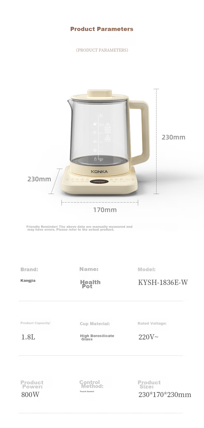 KONKA Health Pot, Tea Maker, Decoction Pot, Glass Insulated Water Kettle, Electric Water Kettle, Mini Glass Tea Pot, 1.8L with Filter, KYSH-1837E 14