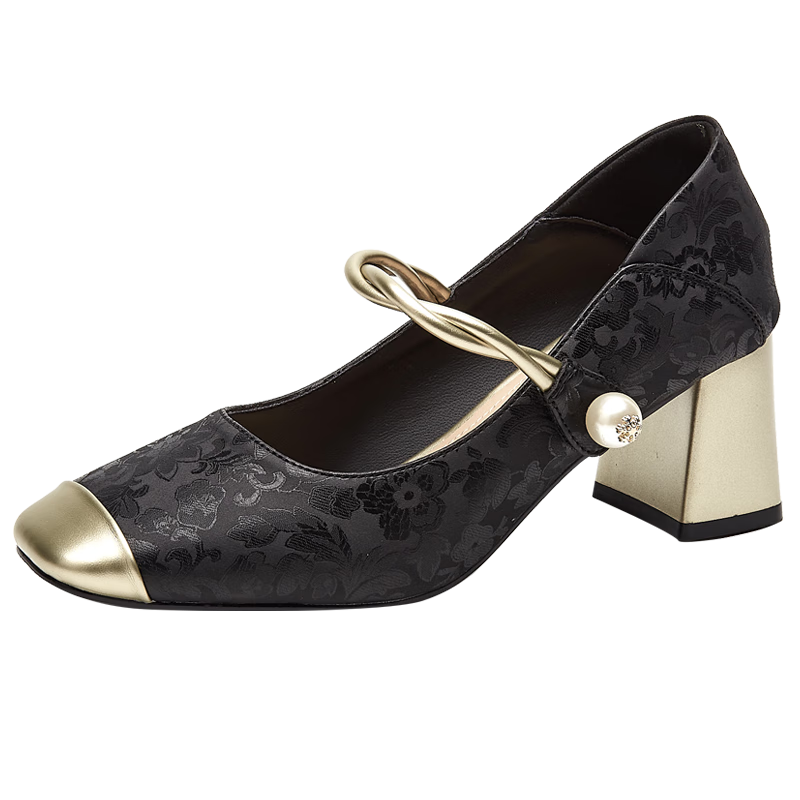 DAPHNE Chunky Heel Pumps for Women, National Trend Style Chinese Elegant Bridesmaid High Heels to Match Dresses Mary Jane Shoes Black Size 39