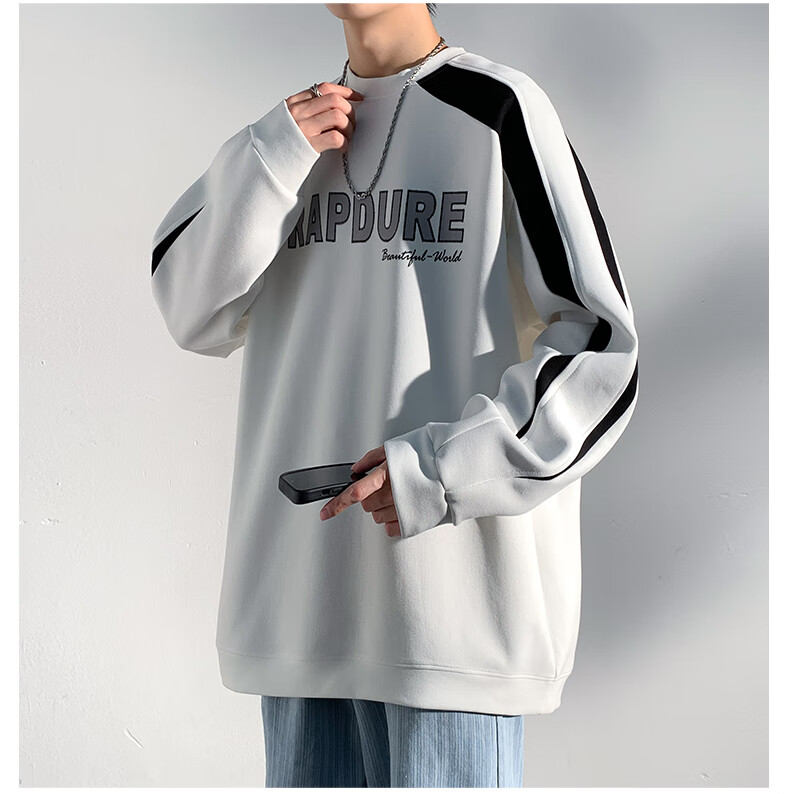 Dingfengbaoluo American-Style Sweatshirt for Men, Spring Vintage Long-Sleeve T-Shirt, Trendy Color-Block Patchwork, Loose Round Neck, DFL02 Black M 9