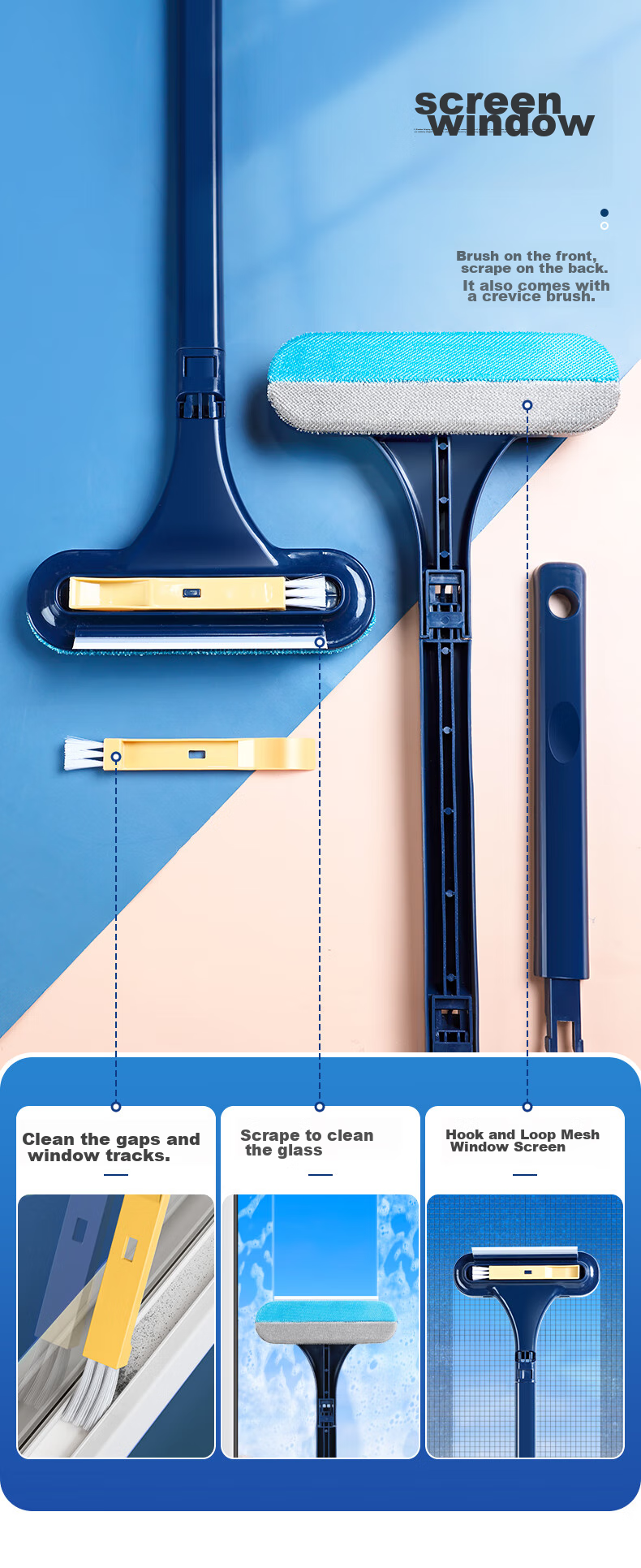 BAOJIAJIE [Yang Mi's Choice] Extended Window Screen Brush, No-Disassembly Cleaning Tool for Window Screens, Dual-Purpose Scraper And Brush with Bidirectional Bristles 7