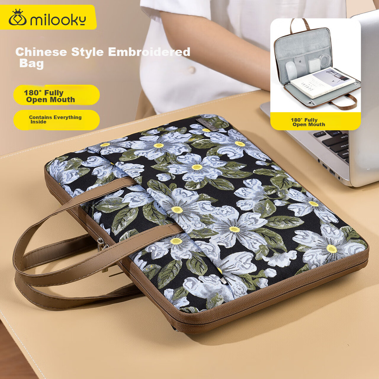 Milooky Fashion Embroidered Laptop Bag, 15/16 Inch, Women's Business Commute Lightweight Personal Handbag