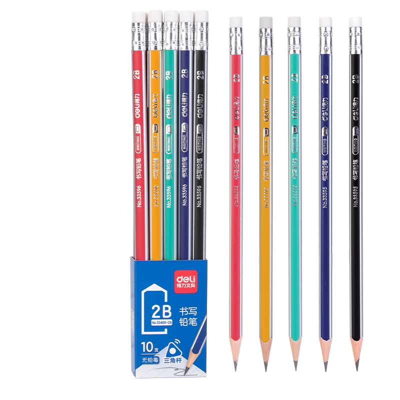 Deli 10-Pack 2B Colored Triangular Barrel Eraser-Tipped Striped Simple Packaging Student Writing Sketching Drawing Pencils 33408-2B Back to School Stationery