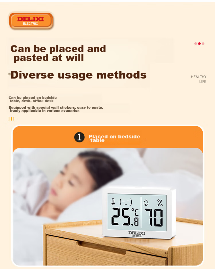 DELIXI ELECTRIC Thermometer And Hygrometer, High-Precision Digital Display, Baby Room Home Use, Wall-Mounted, Dual-Use for Dry And Wet Environments, ABS Electronic, Indoor 9