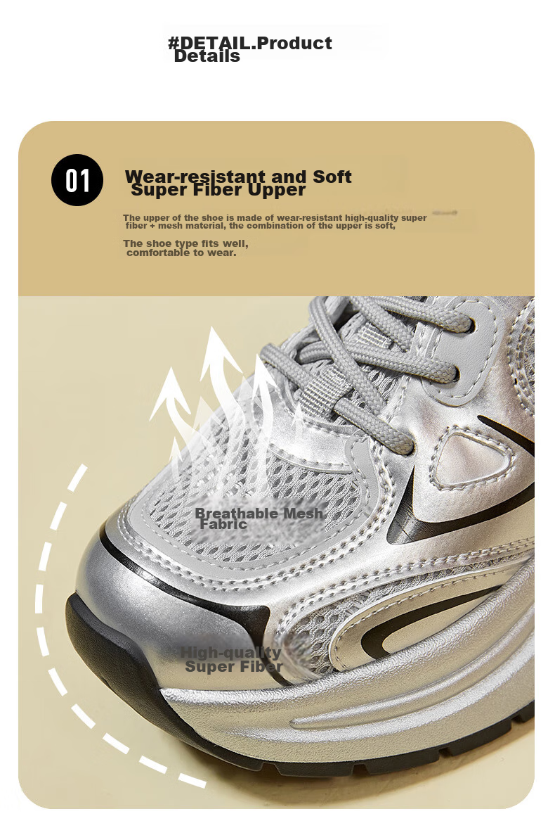 ZHR Dad Shoes for Women, Lightweight Soft Sole, Height-Increasing Casual Shoes, Sports Fashion Thick-Soled Women's Shoes, JT07, Silver Gray, Size 37 9