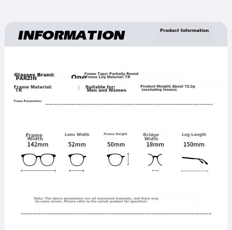 PARZIN Myopia Glasses Frame, Fashionable Round Frame for Men And Women, Lightweight Plain Glasses, Can Be Fitted with Prescription Lenses, 31026 7