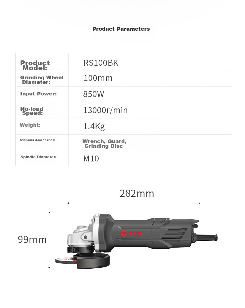 KEN Angle Grinder RS100BK, Household 850W Metal And Stone Grinding Machine, Polishing Machine, Cutting Machine, Grinding Wheel Machine, Rear Switch 12