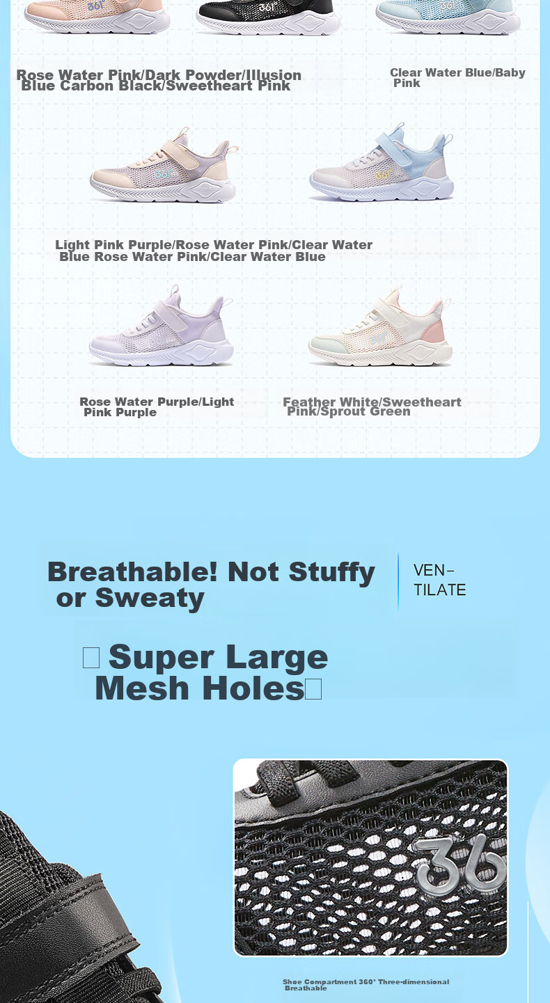 361° Children's Shoes, Kids' Running Shoes Summer Boys And Girls Breathable Lightweight School Shoes Light Cushioning Running Shoes, Blue Size 37 3