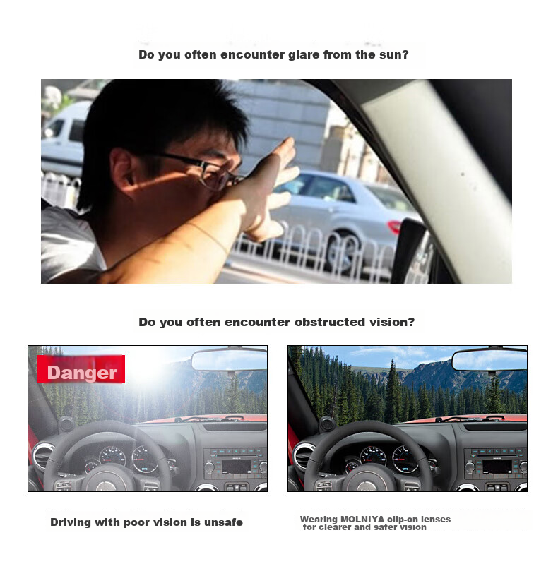 Molong Polarized Clip-On Sunglasses for Nearsightedness, Ultra-Light Driving Glasses for Men And Women, Strong Light Protection M0845 Black And Gray Clip-On Lenses 2