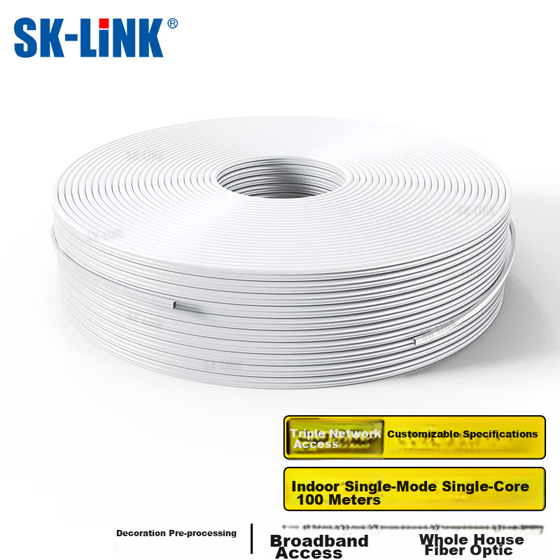 SK-LINK Telecom-Grade Indoor Pigtail Fiber Optic Cable, Single Core 2 Steel Wire Single Mode Optical Cable, Butterfly-Shaped Fiber Optic Home Broadband Line FTTR Networking 100 Meters White SNGLSM-100M