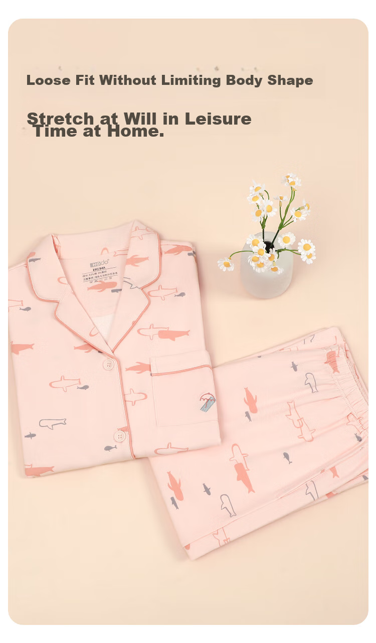 Hodohome Couple's Pajamas, Men's And Women's Spring And Autumn Long-Sleeve Cotton-Spandex High-Elasticity Printed Sleepwear Set, Tranquil Pink, 165/88A 5