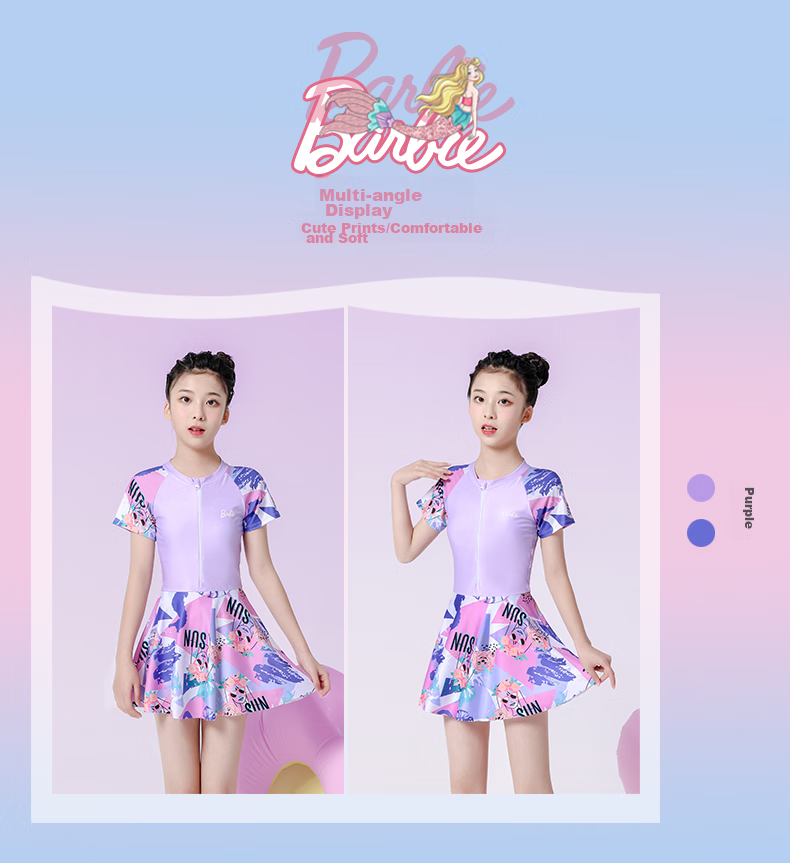 Barbie Girls' One-Piece Swimsuit Dress for Older Children, Stylish Swimsuit for Young Girls And Middle School Students 3