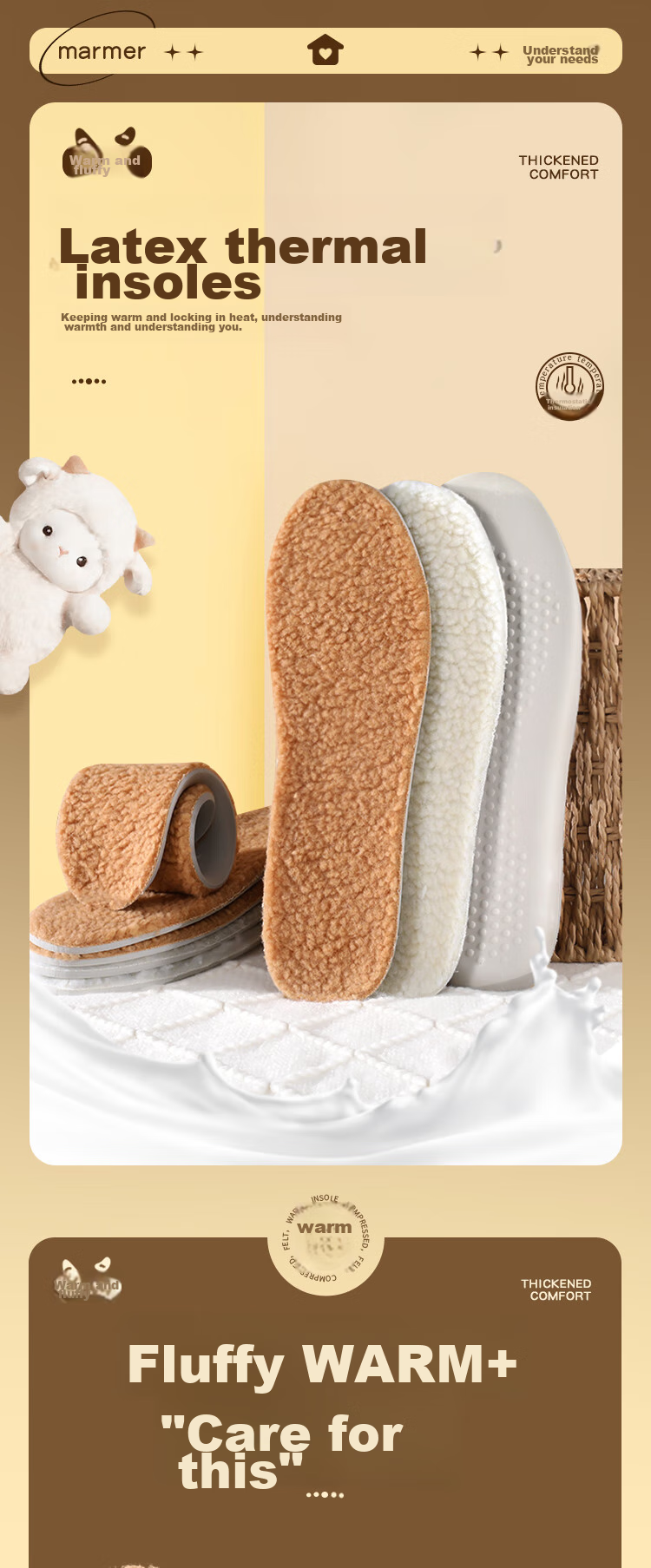3AnGnI Latex Warm Insoles for Men And Women, Winter Thick Cotton Insoles, High Elasticity Ultra Soft Shock-Absorbing, Brown, Size 35-36 1