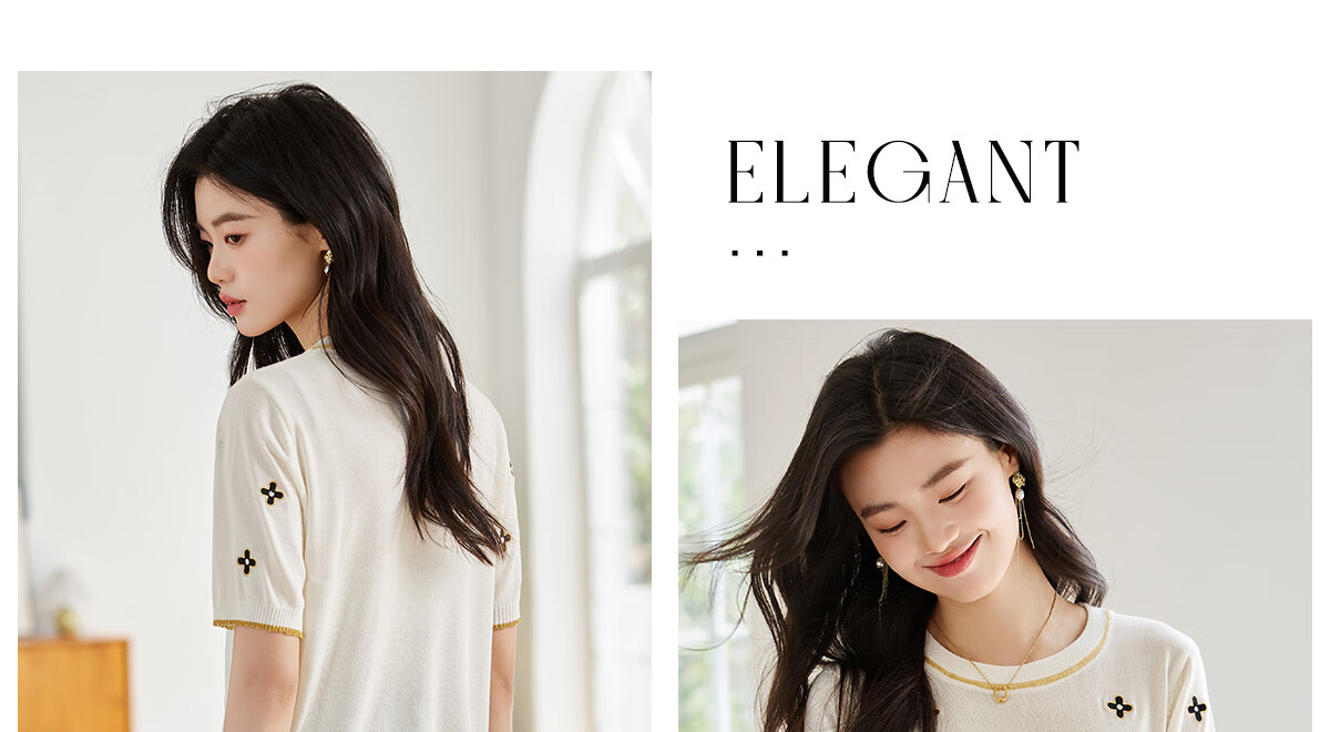 She Enjoy Short Sleeve T-Shirt Women Round Neck Lucky Clover Embroidered Casual Versatile Knit Tee T143T1376 15