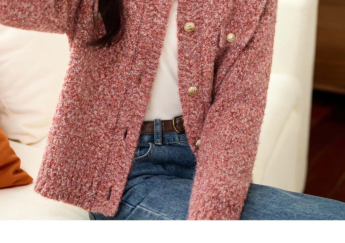 PinCai Women's Knitted Cardigan New Year Battle Robe Little Chanel Style Soft Wool Crew Neck Sweater P144U4016 10