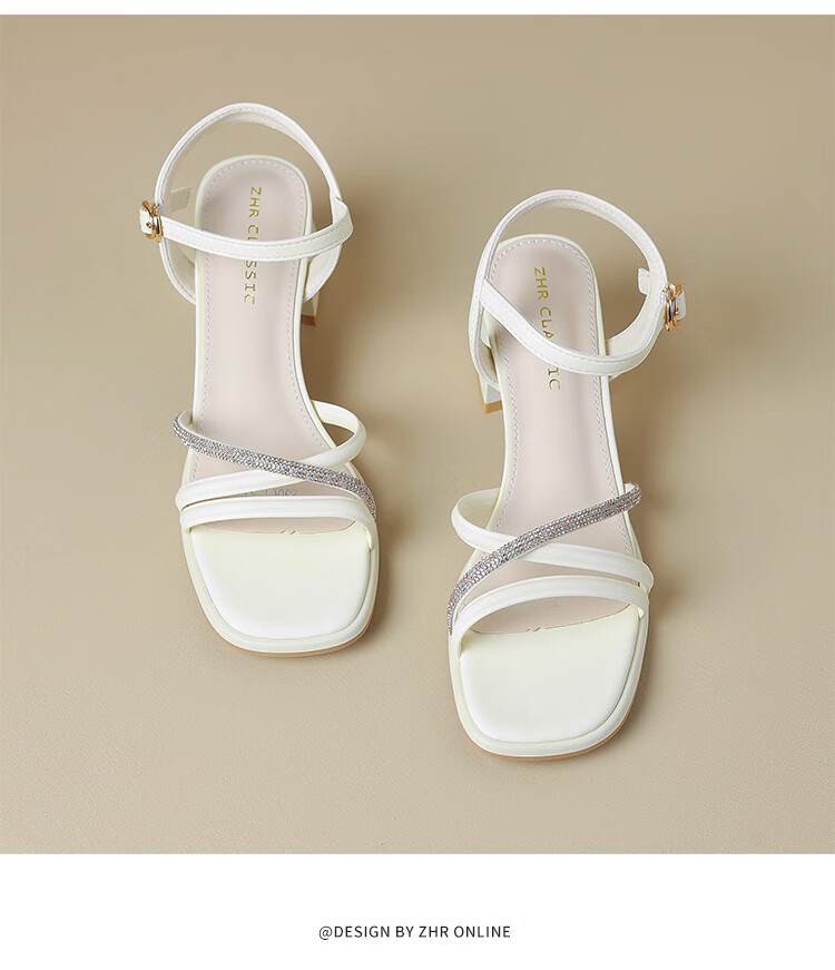 ZHR Chunky Heel Sandals for Women, Summer Elegant Rhinestone Single-Strap Women's Shoes, Versatile Square-Toe Women's Footwear, JF15, Beige, Size 38 18