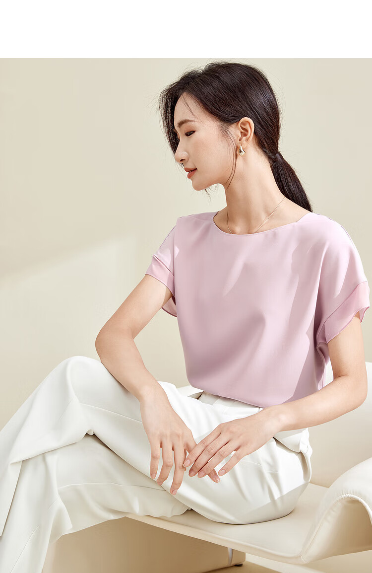 Sentubila Spliced Short-Sleeve Chiffon Blouse for Women, Slimming Tummy-Covering Top, Summer Lightweight Casual T-Shirt, Light Blue, S 36