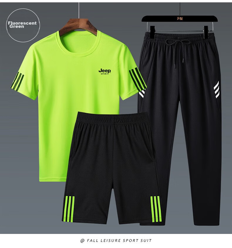 JEEP SPIRIT Men's Summer Short-Sleeve T-Shirt Set, Three-Piece Outdoor Sports Versatile Outfit, White Three-Piece Set, 2XL 14