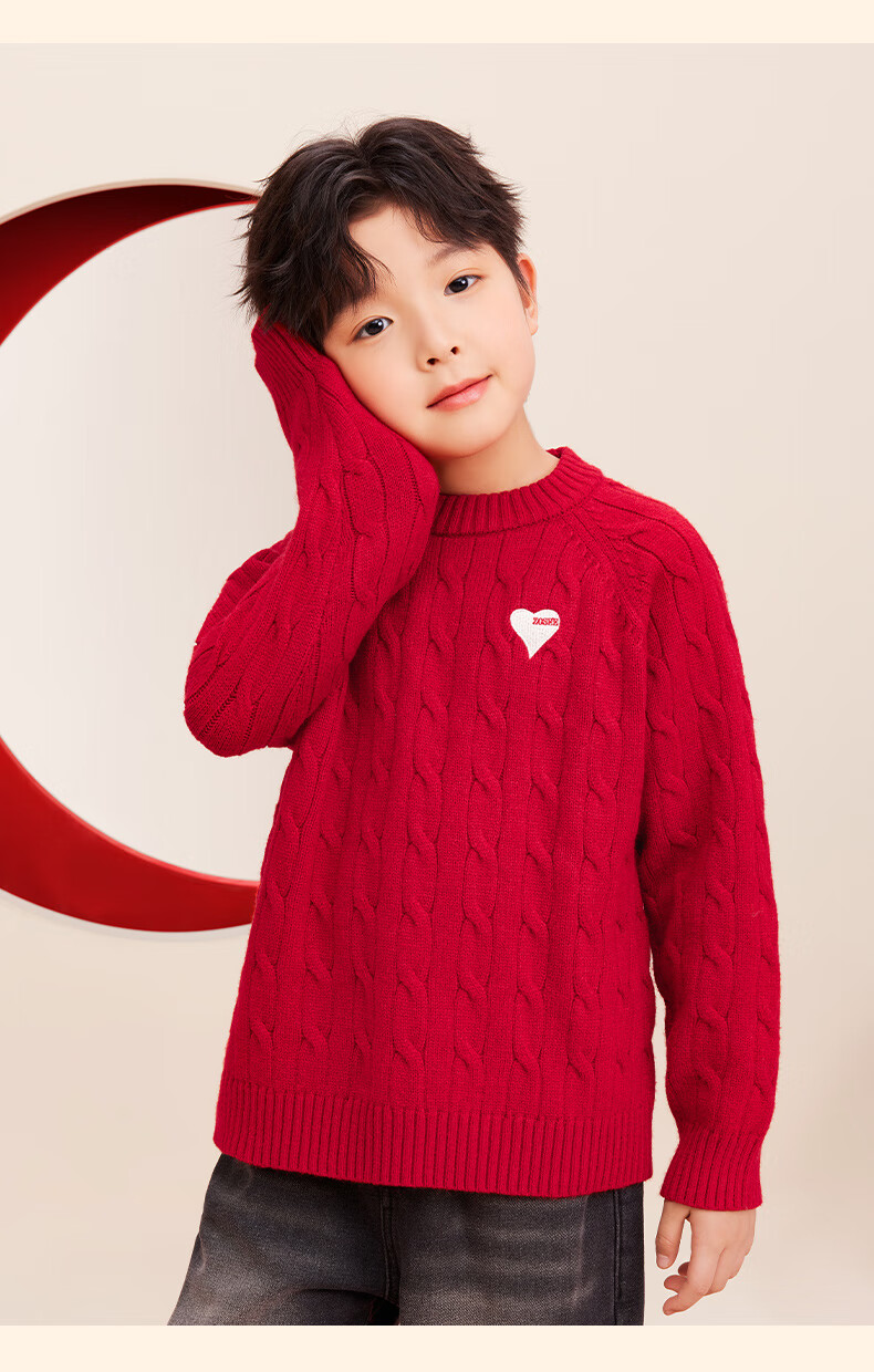 Zuoxi Boys' Red Sweater, Children's Thick Knit Pullover, 2025 New Style Boys' New Year Outfit, Winter Clothing, White, Size 140 14