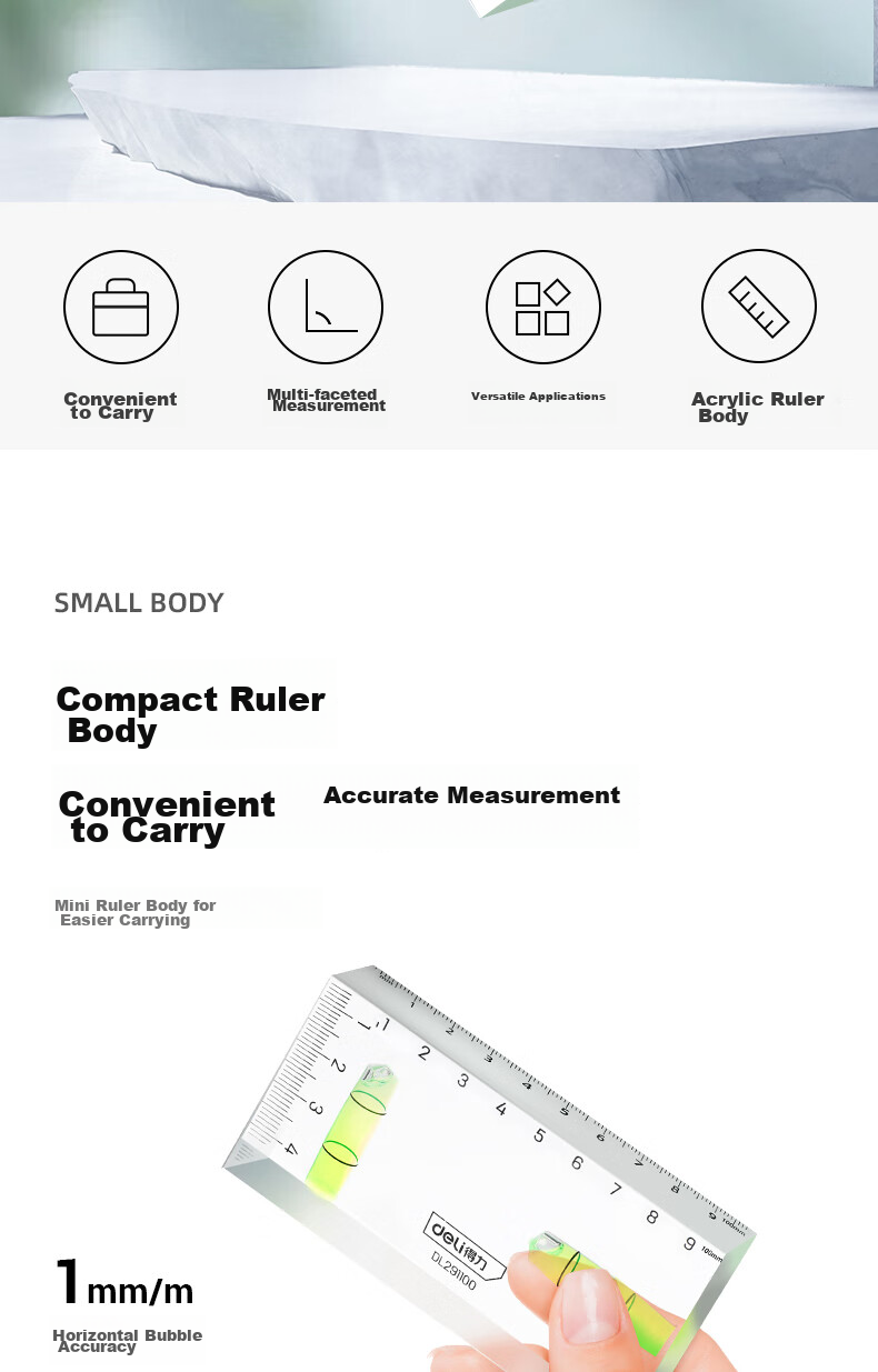 Deli Mini Spirit Level, High-Precision Level Ruler, Transparent Level Gun with 100mm Body 2