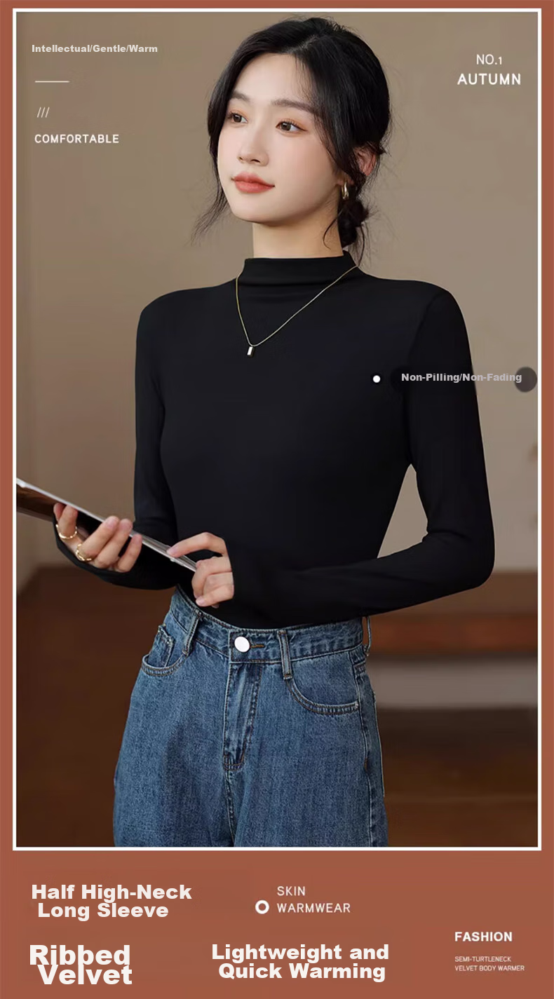 LangSha Semi-Turtleneck Base Layer for Women, New Autumn And Winter Thick Fleece Ribbed Long-Sleeve Slim-Fit Antibacterial Anti-Mite Inner Wear Top 1