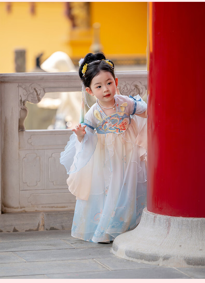 Menghu Xiaotianxia Hanfu Girls' Dress, Mid-Autumn Festival New Style Children's Fairy-Like Dress, Performance Princess Dress, Blue, Size 130 9