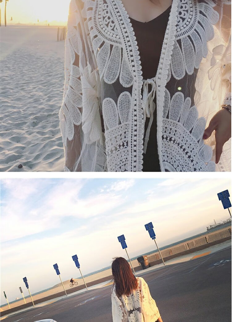 DK Seaside Sun Protection Clothing, Beach Cardigan Swimwear, Shawl Cover-Up, Hot Spring Mesh Jacket, Outer Wear, White 3