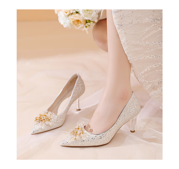 DAPHNE Simple Versatile Pointed High Heels for Women, French-Style Pumps, Elegant Non-Fatiguing Wedding Shoes, Silver, Size 38 5