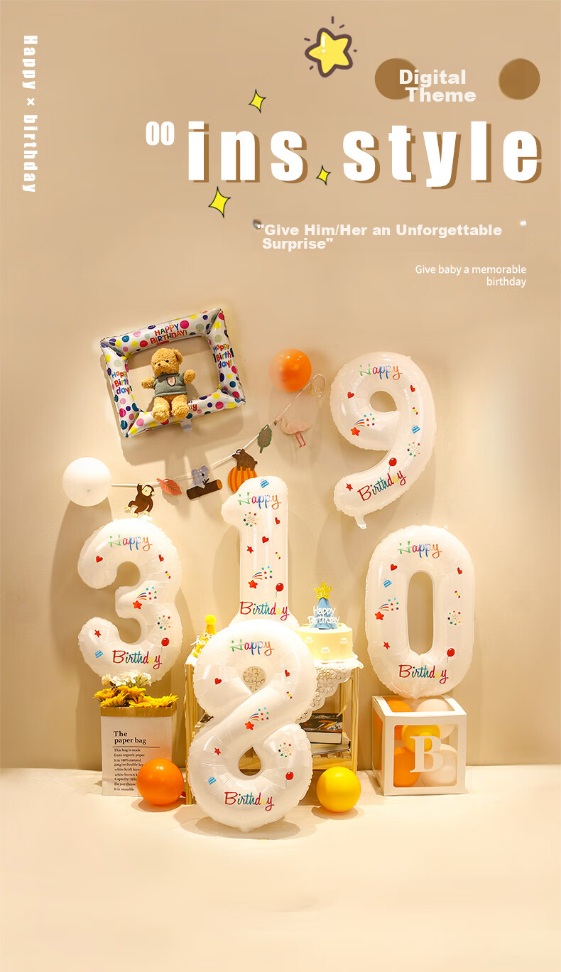 Shicai White Floral Print Number Balloon Decorations, Children's Birthday Party Scene Setup, Outdoor Handheld Photo Props, 4 Pieces 1