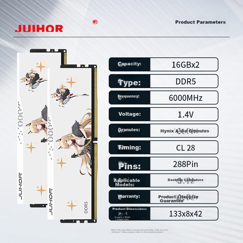 JUHOR 32GB (16GB X 2) Kit, DDR5 6000 Desktop Memory Module, Hynix A-Die Chips, CL28, Compact Unlit, AI-Enhancing