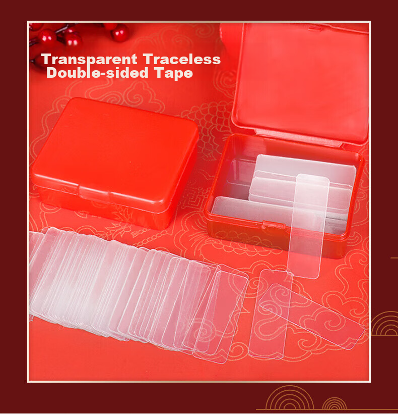 Touch Fish Transparent Invisible Strong Adhesive Double-Sided Tape, Nail-Free And No Drilling Required, Specially for Wall Use, Spring Festival Couplets Wedding Posters, 1 Box of 60 Pieces, Self-Adhesive Stickers, Fu Character And Xi Character 3
