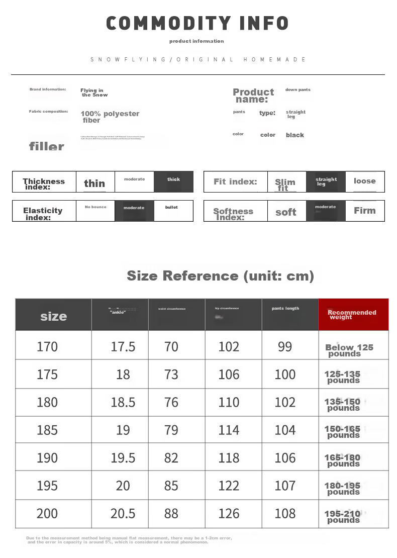 SNOWFLYING Goose down Pants Men's Outdoor Thickened Winter Warm Straight-Leg Casual Trousers Black 170 8